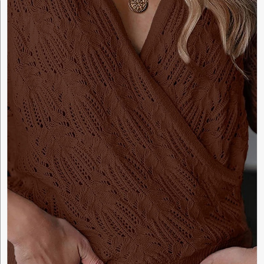 NWT Deep V Neck Wrap Sweaters Long Sleeve Crochet Knit Pullover Tops - Picture 4 of 5